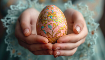 The hands of a little girl holding painted Easter egg front view, Happy Easter Holiday design decorated egg with beautiful colorful details
