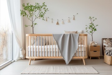Stylish modern scandinavian nursery decor for a cozy and inviting newborn baby room - obrazy, fototapety, plakaty