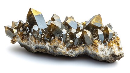 Shimmering Pyrite cluster, its golden facets sparkling brilliantly, set on a pristine white base