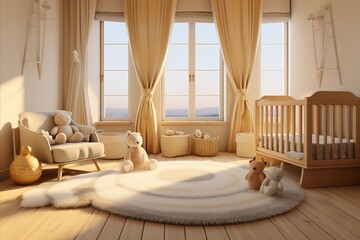 Stylish scandinavian newborn baby room with modern interior design and cozy decor