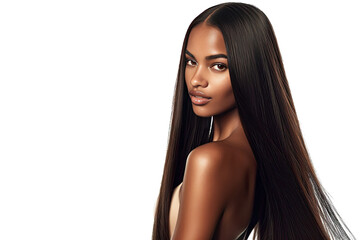 Studio portrait of a beautiful African American woman with clean healthy skin isolated on transparent png background.