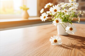 Obraz na płótnie Canvas Beautiful kitchen table with lovely white daisies bouquet, ideal for adding text or decorating