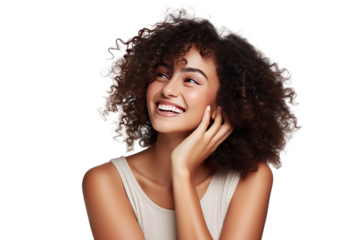 Studio portrait of a beautiful African American woman with clean healthy skin isolated on transparent png background.