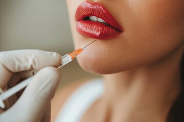 Close-up photo of a cosmetic procedure, injection on the lips of a young woman, lip augmentation, facelift, liposuction