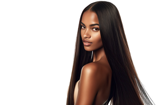 Studio portrait of a beautiful African American woman with clean healthy skin isolated on transparent png background.