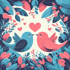 Fototapeta premium Celebrate love with this enchanting vector illustration featuring adorable lovebirds amid a park's vibrant flat colors, perfect for Valentine's Day designs.
