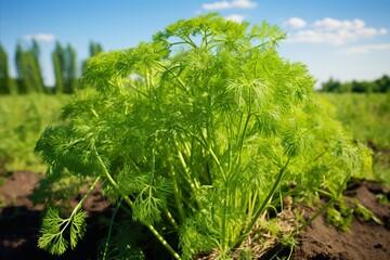 Fototapeta premium Fresh dill harvest on green plantation, sunny day - agricultural crop in natural light