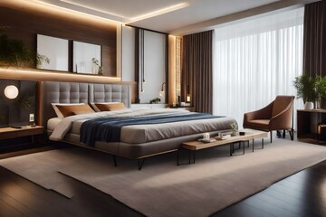 realistic modern double bedroom with furniture and a frame