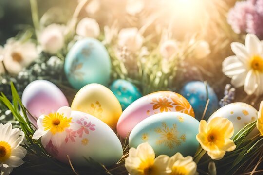Pastel colored Easter eggs and flowers on sunny light background. Moody atmospheric image