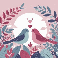 Charming vector illustration of lovebirds amidst vibrant flora, offering a delightful Valentine's Day scene with flat colors and a whimsical touch.