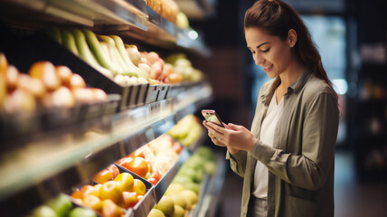 person buying fruits and vegetables in supermarket with shopping cart. People at grocery using smartphone. Person comparing the price of produce. Online shopping