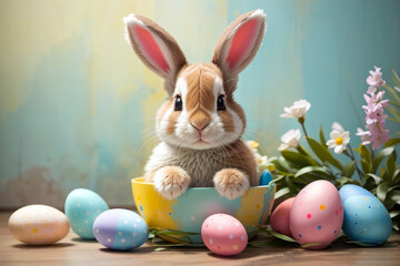 Cute Easter bunny sitting in a bowl next to painted eggs
