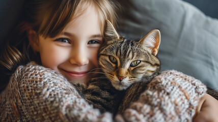 A beautiful smiling little girl hugs her cat on the sofa