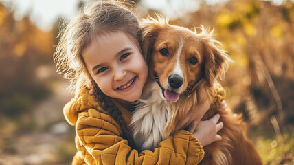 A beautiful smiling little girl hugs her dog in a garden