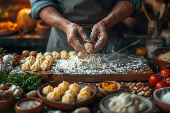 the chef's hands make jiaozi or khinkali dumplings, or something else on the table
