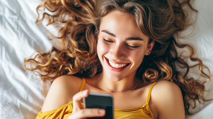 A beautiful young woman lying in bed laughs looking at her smartphone