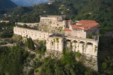 Fototapeta na wymiar Historic castle in Italy aerial view. Aerial panorama of Castello Malaspina di Massa in Italy.
