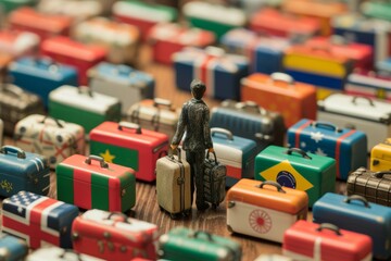 figure of human refugee with suitcases coloring with different world flags of countries