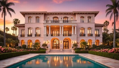 A mesmerizing capture of Beverly Hills Road, California, Ultra luxury mega mansion with 31,000 square foot, exclusive house, modern design ultra luxury villa with a beautiful pink & orange cloudy sky.