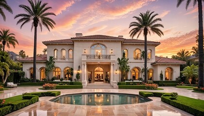 A mesmerizing capture of Beverly Hills Road, California, Ultra luxury mega mansion with 31,000 square foot, exclusive house, modern design ultra luxury villa with a beautiful pink & orange cloudy sky. - obrazy, fototapety, plakaty