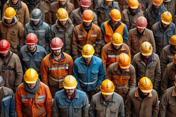 rallies of workers of people in uniforms and helmets