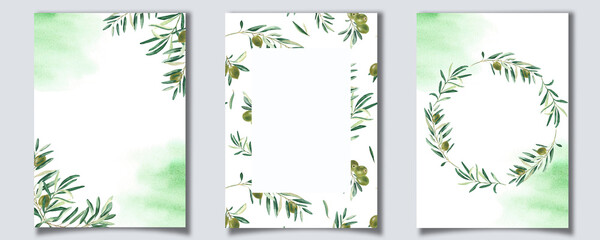 Set of floral background card template with green olive branches and green watercolor splashes. For save the date, greeting, rustic wedding card and cover design.