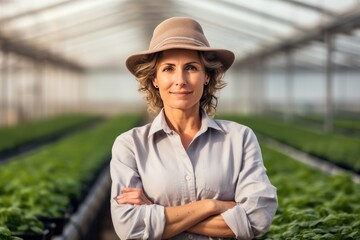 Potrait of female vegetable grower working in a large industrial greenhouse growing vegetables and herbs. Farmer - obrazy, fototapety, plakaty