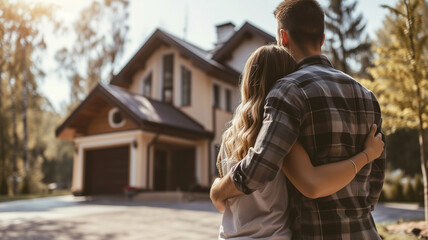 A young couple seen from behind embrace in front of their new house