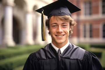 A young smiling boy dresses in his black graduation gown