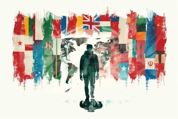 figure of human refugee with suitcases coloring with different world flags of countries