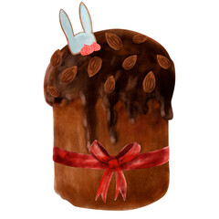 Chocolate Easter cake, hand-painted in watercolor, with almonds and gingerbread in the shape of a bunny. Easter decoration, chocolate cupcake