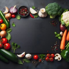 Black stone cooking background. Spices and vegetables. Top view. Free space for your text