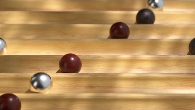 Sunlit 3D animation of marbled and metallic spheres racing down a wooden labyrinth.