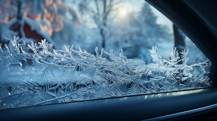 Car windows covered in icy and frosty patterns