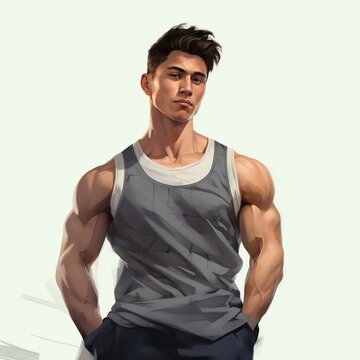 Portrait of Handsome Muscular Athletic Man Isolated on White Background, Watercolor illustration