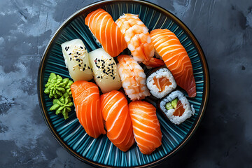 Sushi Platter, Fresh Sushi, Japanese Cuisine, top view, flat lay