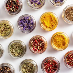 Colorful assortment of spices in small glass jars arranged in a geometric pattern on a clean, white background
