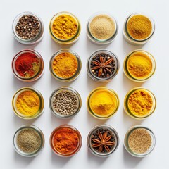 Colorful assortment of spices in small glass jars arranged in a geometric pattern on a clean, white background

