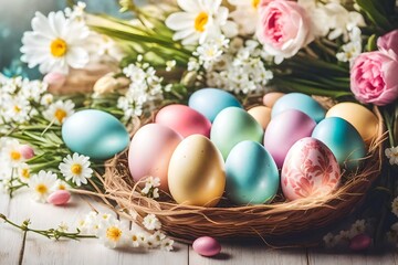 Fototapeta na wymiar Pastel colored Easter eggs and flowers on sunny light background. Moody atmospheric image