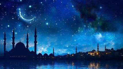 Fototapeta na wymiar Starry Night with Glowing Islamic Crescent