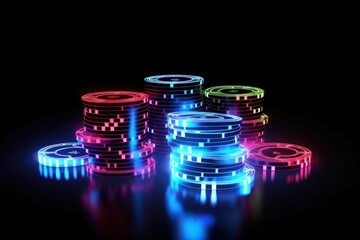 Fototapeta na wymiar Glowing casino chips. Colorful casino chips on black background. Neon lights. Casino concept with copy space. 3d illustration. Online casino. Gambling concept with copy space.