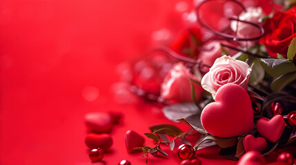 Red background with small hearts and rose flowers, copy space