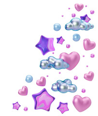Vibrant purple stars, shiny hearts, clouds on transparent background. Border, corner design element. Party, Valentines Day, Birthday decoration. Cut out. Perfect for celebrations, invitations. 3D.