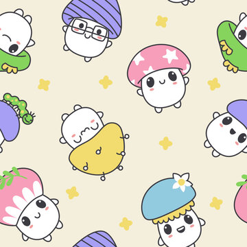 Seamless pattern of kawaii cute mushrooms on a yellow background. Vector children's illustration for textile, background