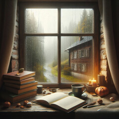 View to a window with raindrops. There is a cup of coffee on the windowsill in front of it, and there is a stack of books on the edge.