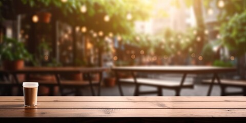 Blurred garden cafe with an empty wooden table