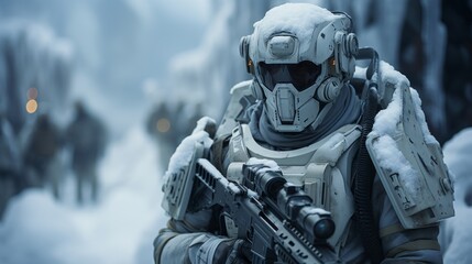 Special forces soldier with assault rifle in snowy forest.