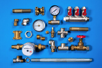 Plumbing water line equipment on the blue flat lay background. Plumbing service.