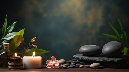 Beautiful spa composition with lily on brown background. Couple Towels With Candles And Orchid For Natural Massage