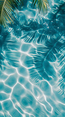 Fototapeta na wymiar Aesthetic background of clear blue water with reflections and shadows of palm leaves. Tropical vacation vibe